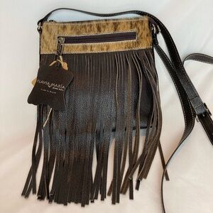 Western Leather Cowhide Rich Brown Fringe Crossbody Bag Purse Beautiful